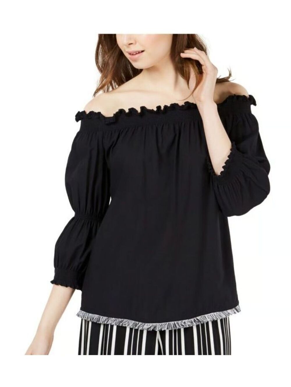 Trina Turk Womens XS Black Off-The-Shoulder Smocked Top Fringe Hem